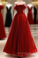 Wine Red Tull A-Line Scoop Long Evening Prom Dresses, Wine Red Tulle Evening Dresses